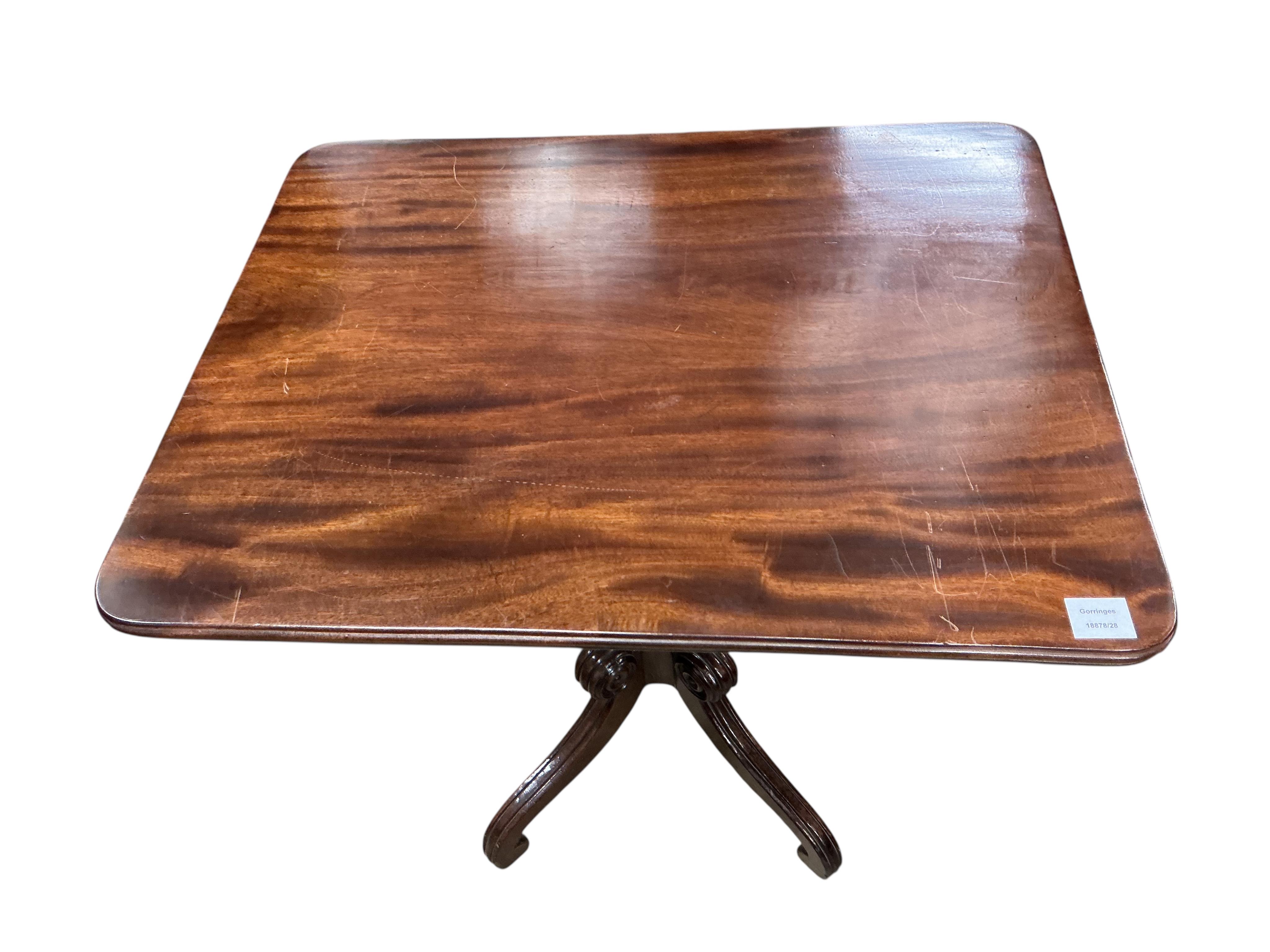 A Regency rectangular mahogany tilt top tea table, width 78cm, depth 63cm, height 71cm